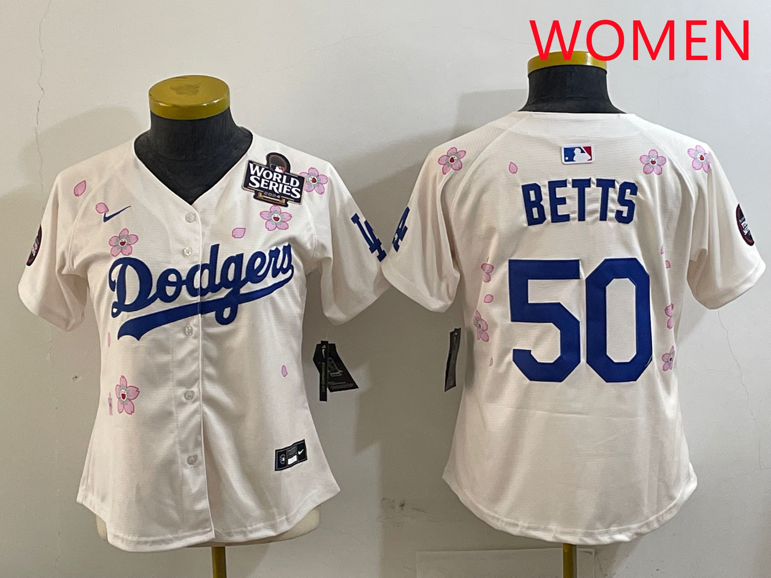 Women Los Angeles Dodgers #50 Betts Cream Sakura Edition 2025 Nike MLB Jersey style 3->women mlb jersey->Women Jersey